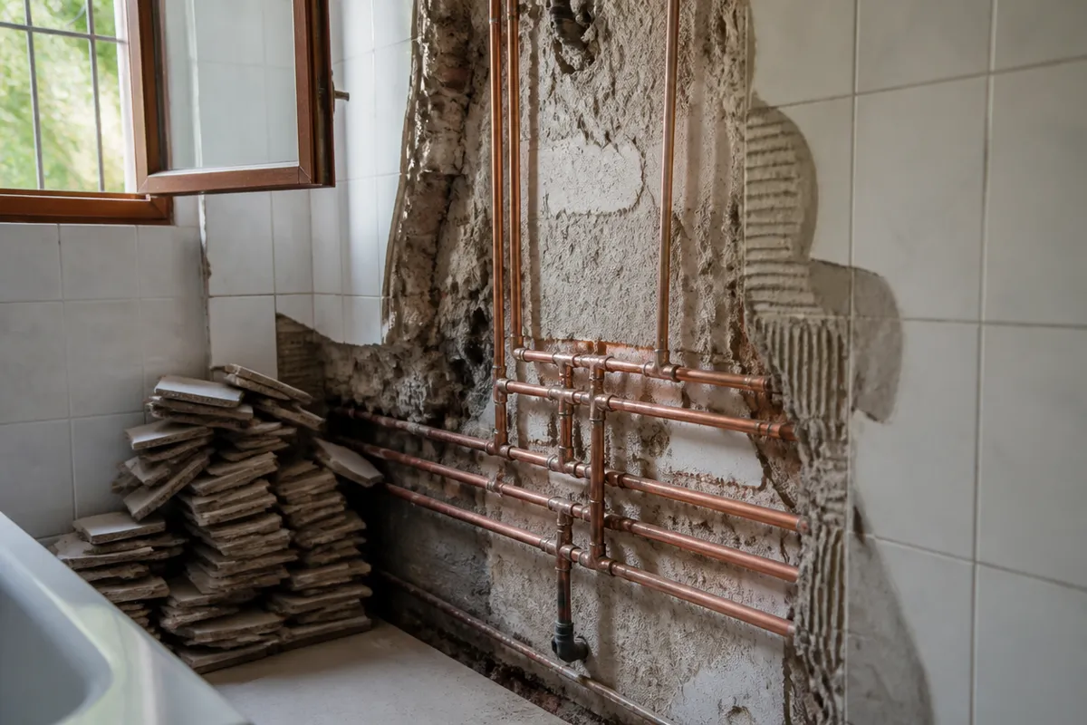 Tuberías de cobre vistas en una reforma de baño para pedir presupuesto de fontanería
