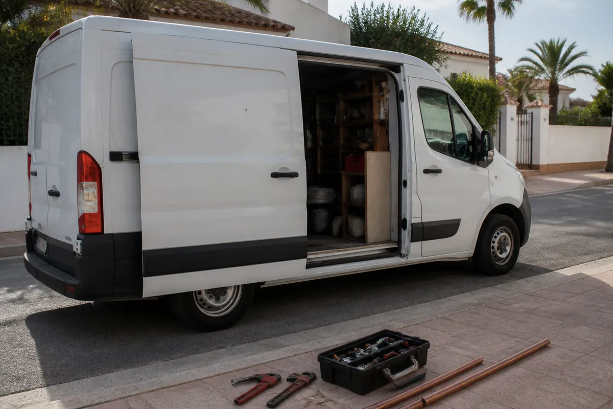 Unmarked white work van parked beside plumbing tools