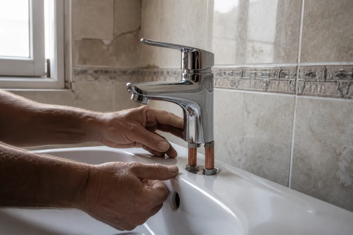 Grifo cromado y lavabo de cerámica con restos de cal en un baño