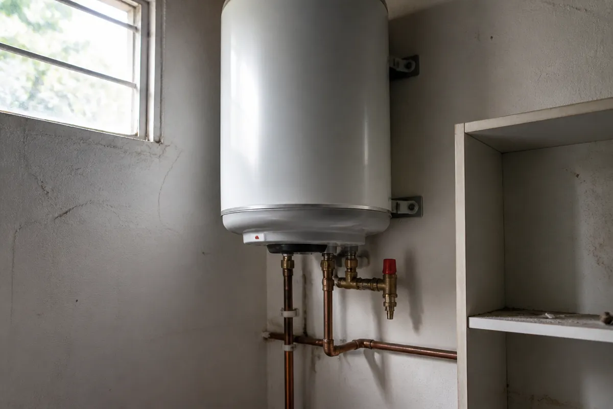 Wall-hung electric heater with copper pipes and a safety valve in a utility room