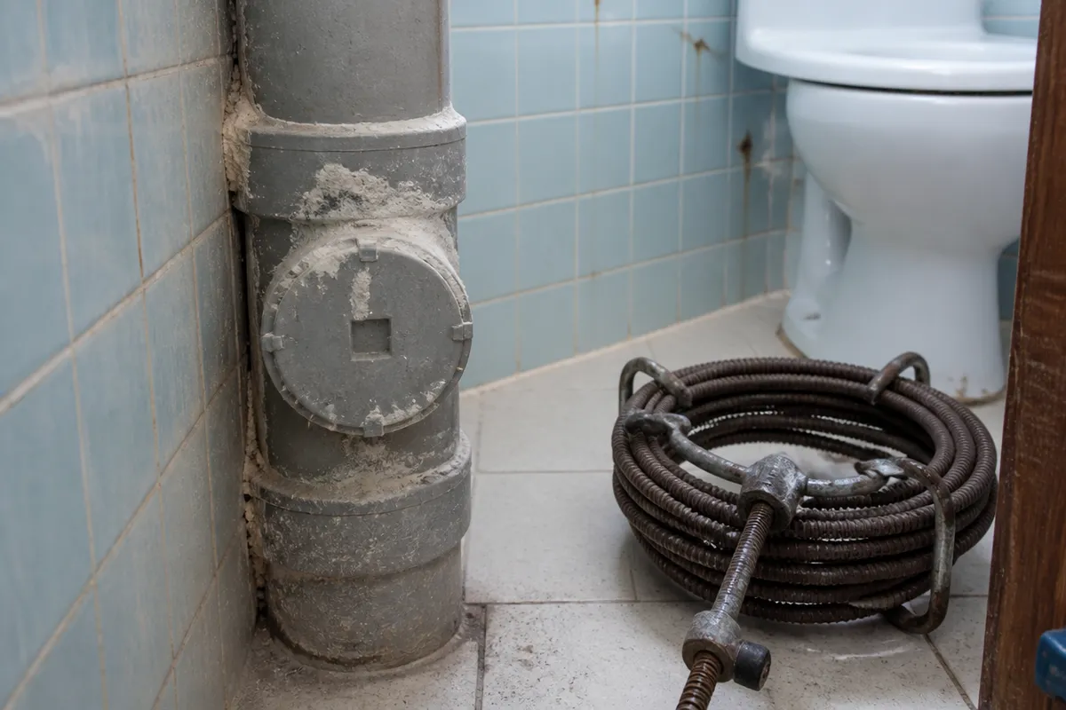 Sifón de desagüe y muelle de desatasco sobre azulejos de un baño