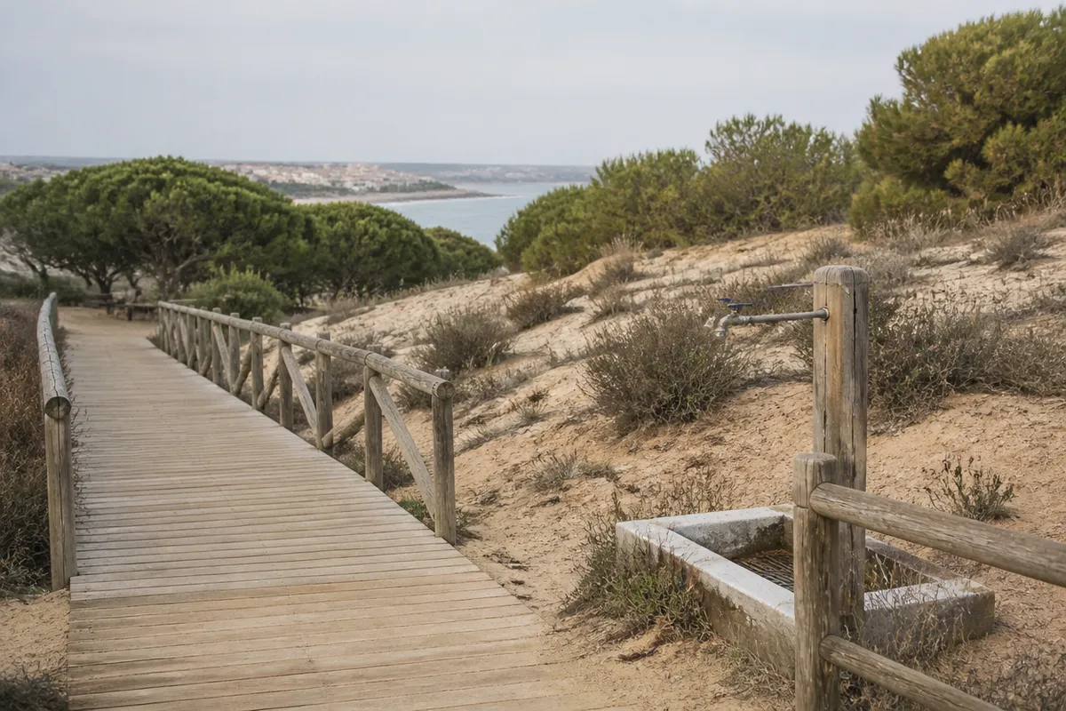 Dunas con pinos y pasarela de madera en Guardamar del Segura