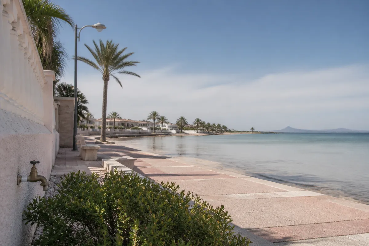Paseo y laguna del Mar Menor en Los Alcázares, con casas bajas y un grifo de jardín