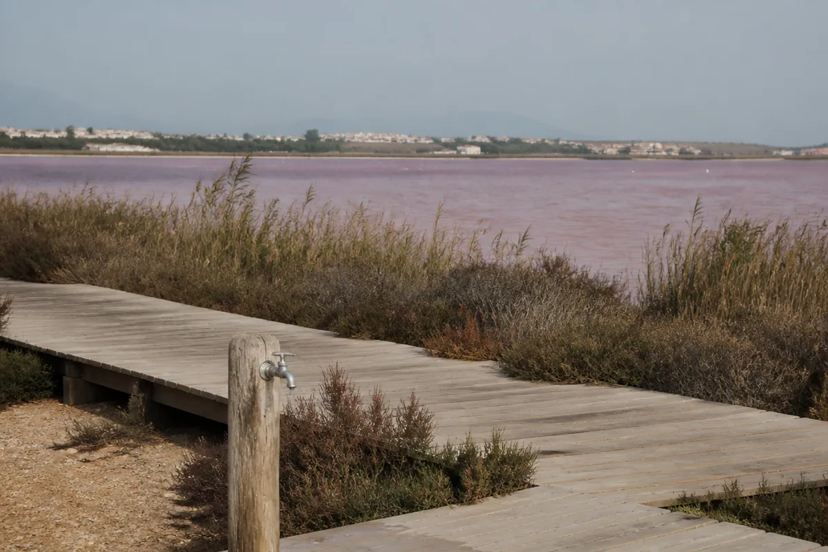 Salinas y pasarela de madera cerca de San Pedro del Pinatar