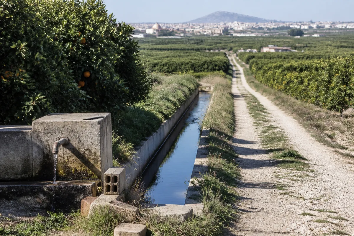 Huerta de cítricos y acequia en la Vega Baja del Segura