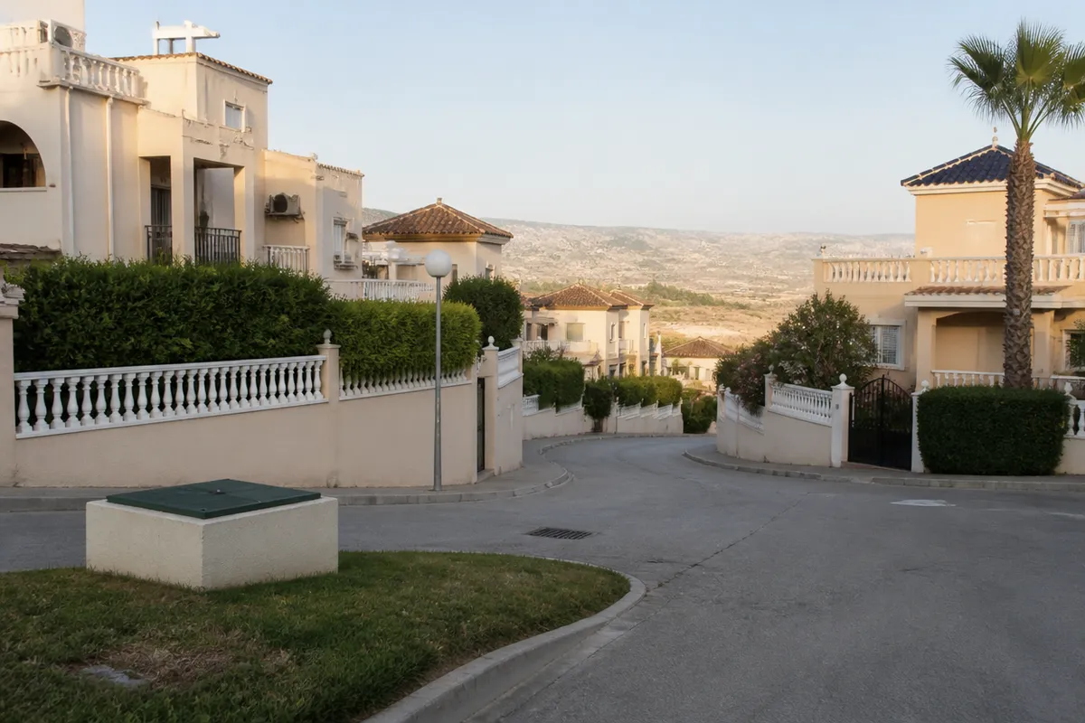 Adosados y calle sin tráfico en la urbanización de Villamartín